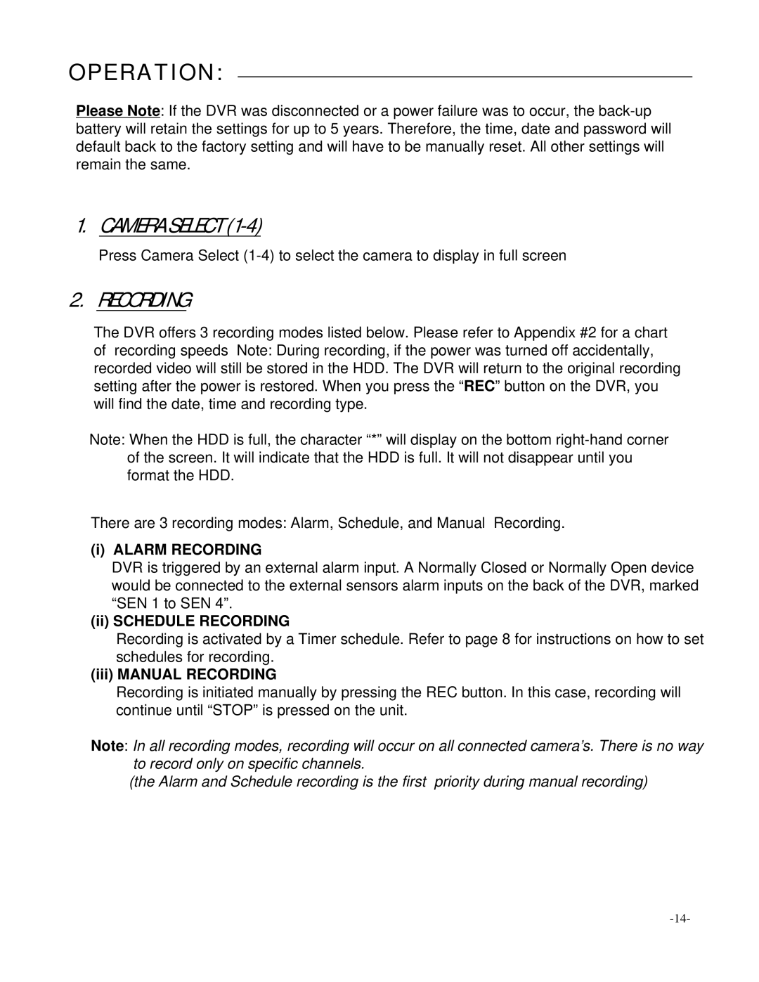 LOREX Technology L154-81 instruction manual Operation, Camera Select, Recording 