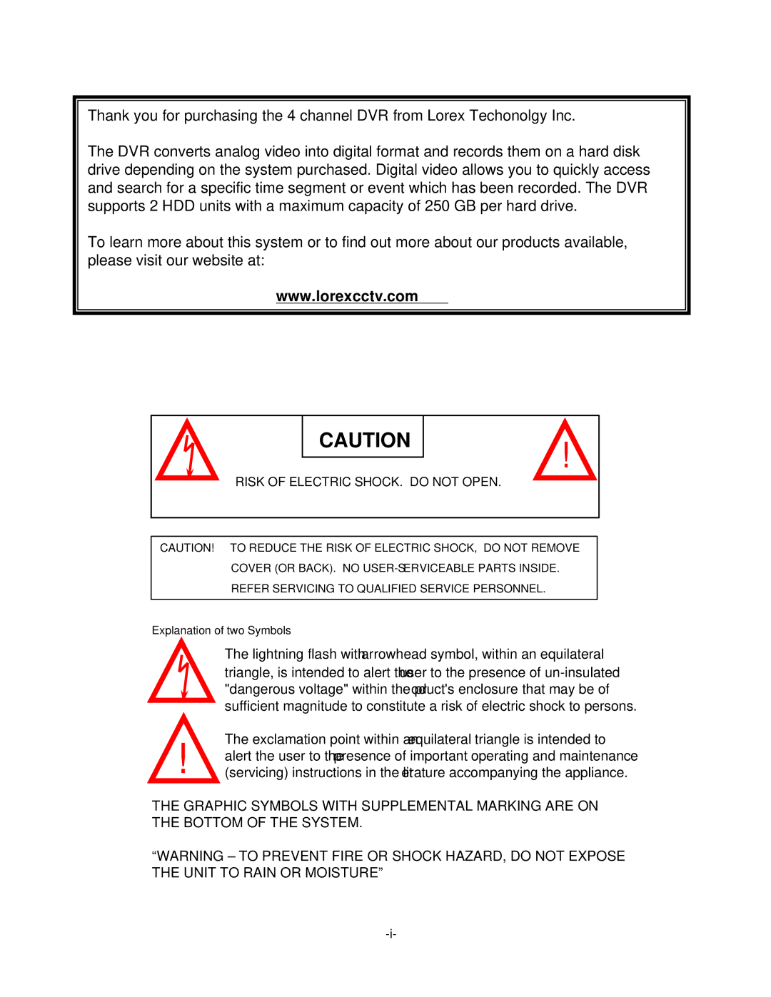 LOREX Technology L154-81 instruction manual Risk of Electric SHOCK. do not Open 