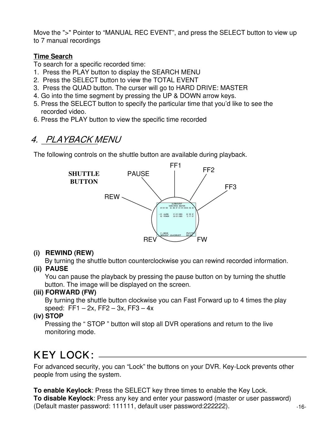 LOREX Technology L154-81 instruction manual KEY Lock, Playback Menu 