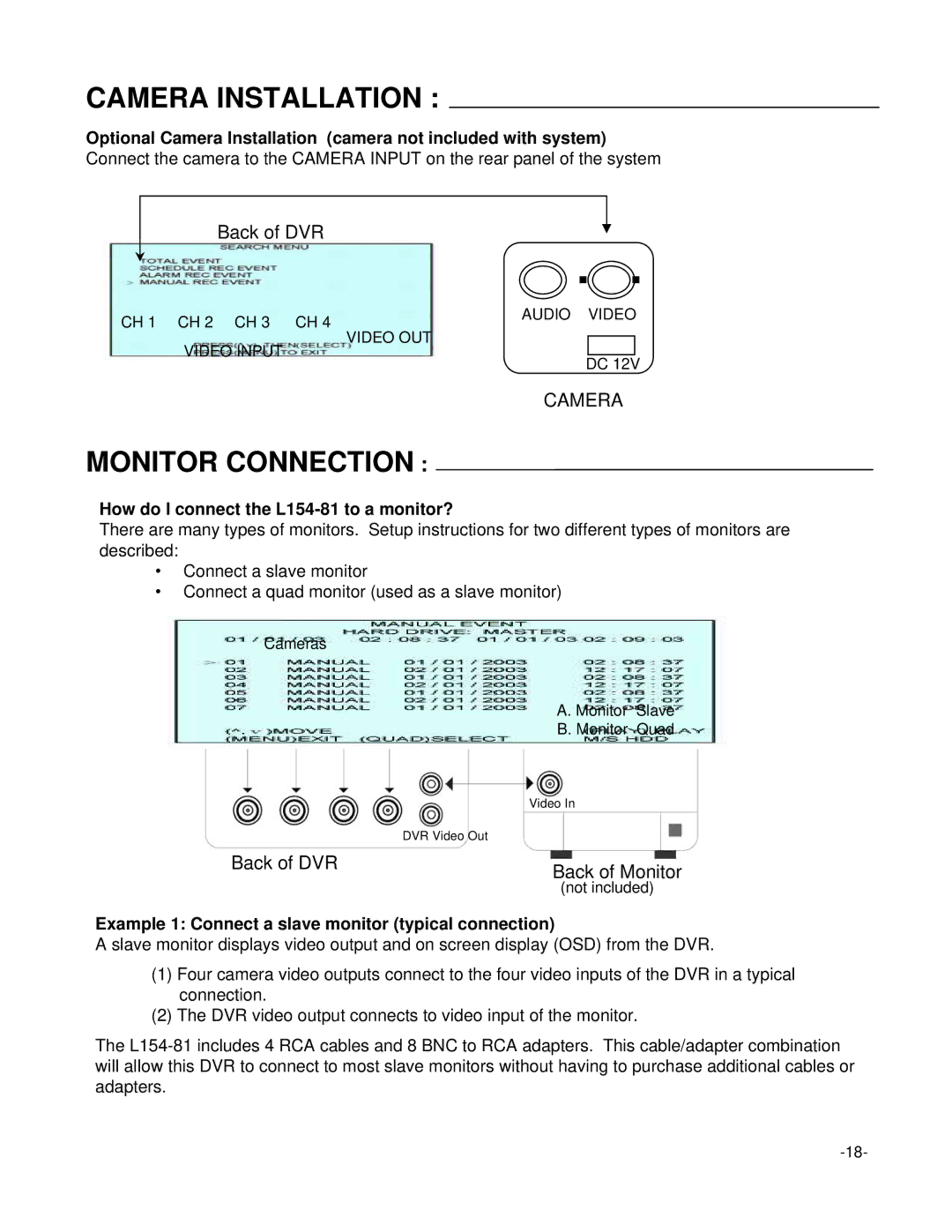 LOREX Technology L154-81 instruction manual Camera Installation, Monitor Connection 