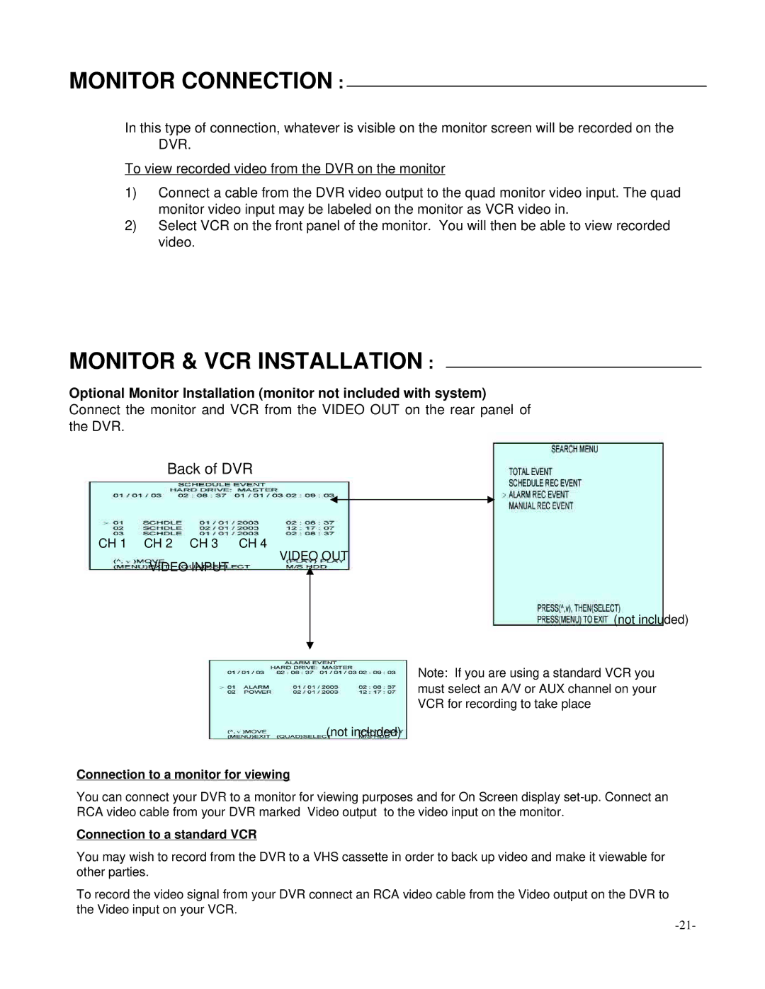 LOREX Technology L154-81 instruction manual Monitor & VCR Installation, Connection to a monitor for viewing 