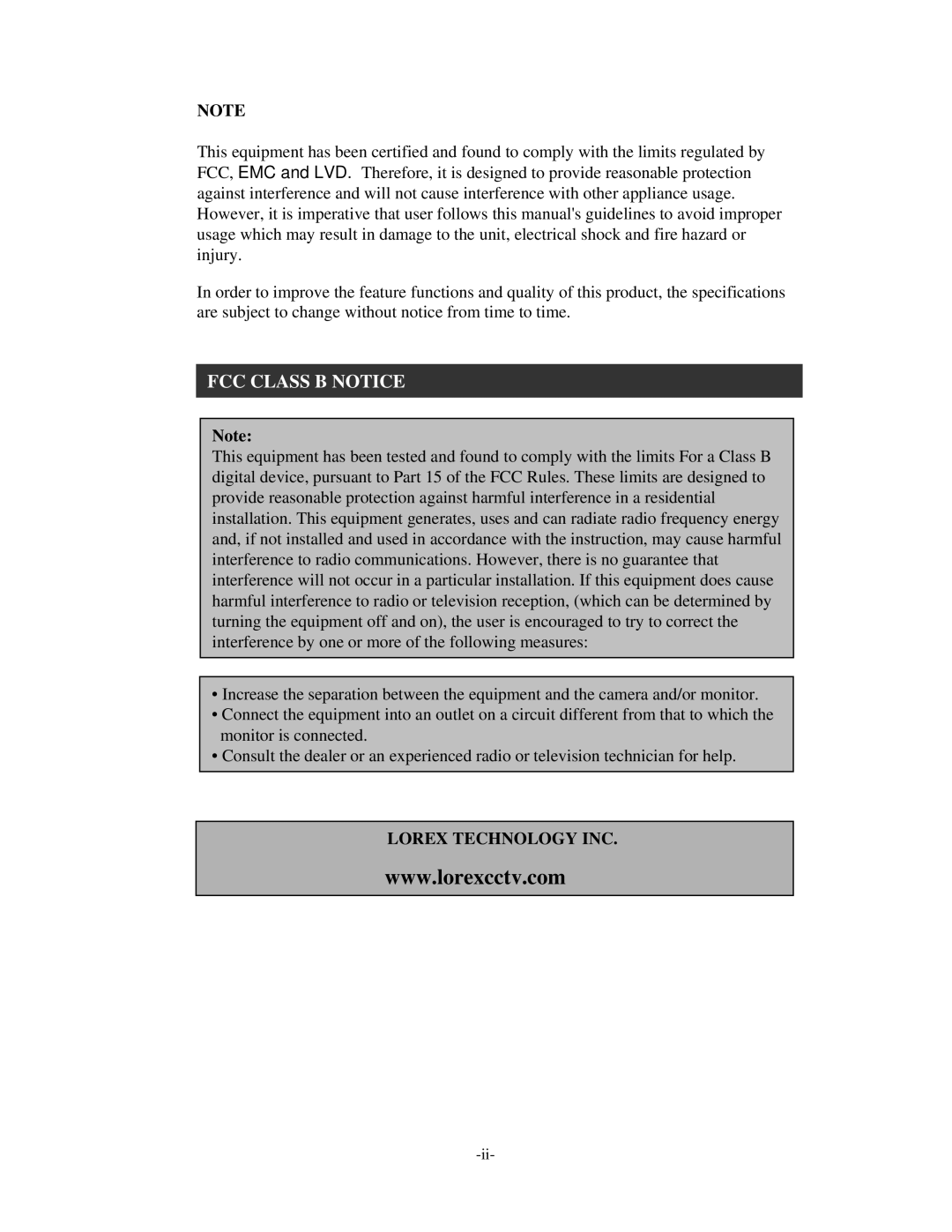 LOREX Technology L154-81 instruction manual FCC Class B Notice 