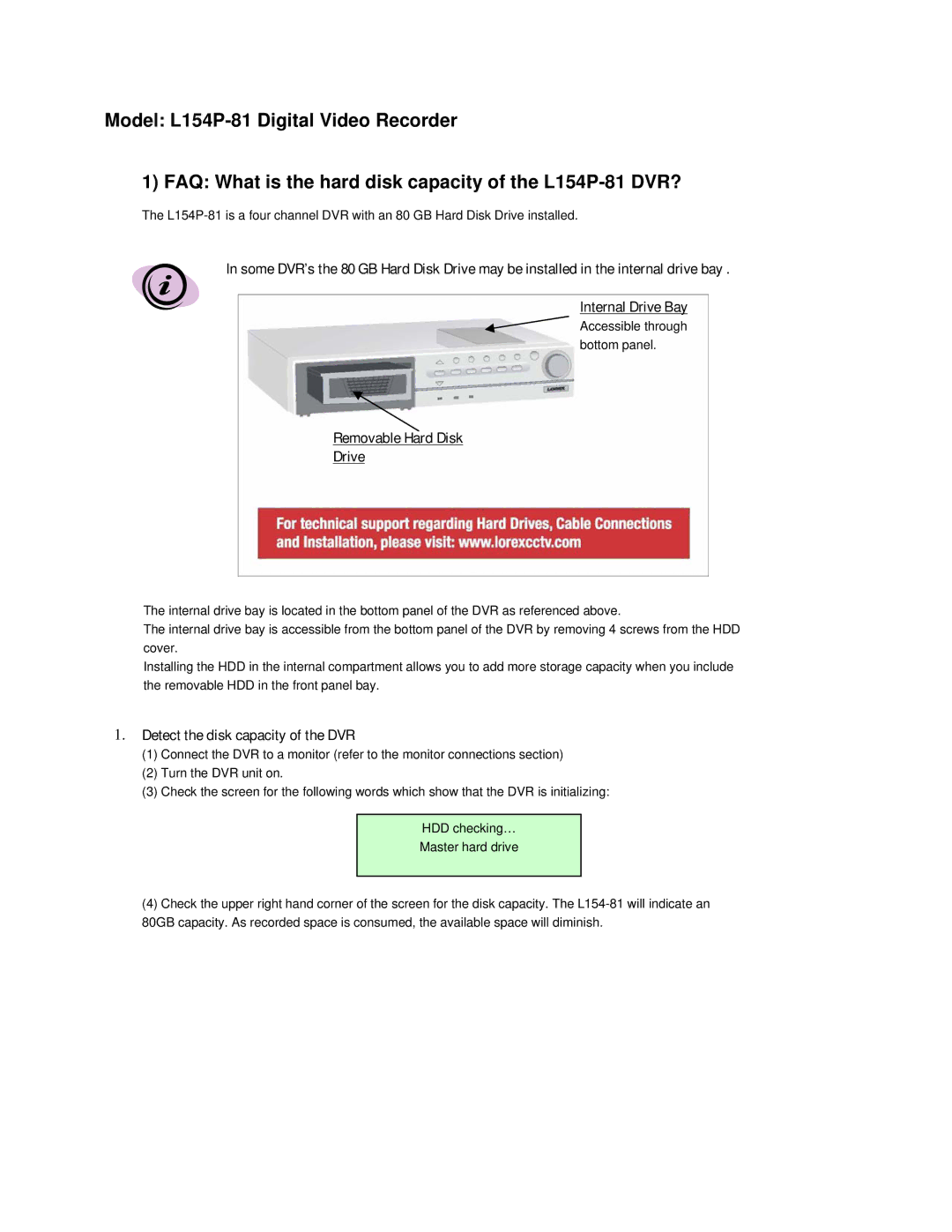 LOREX Technology L154P-81 manual Detect the disk capacity of the DVR 