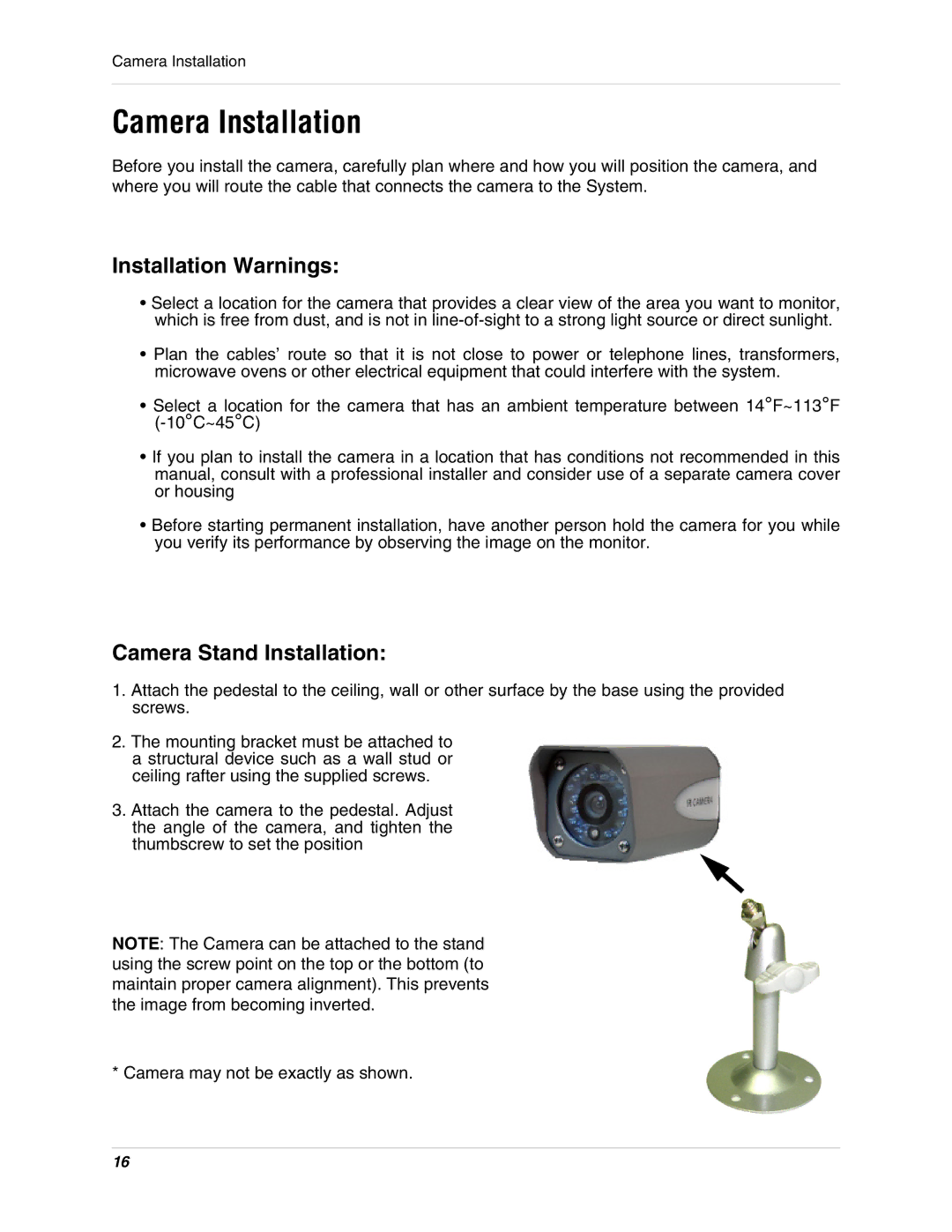 LOREX Technology L15D400 instruction manual Camera Installation, Installation Warnings, Camera Stand Installation 