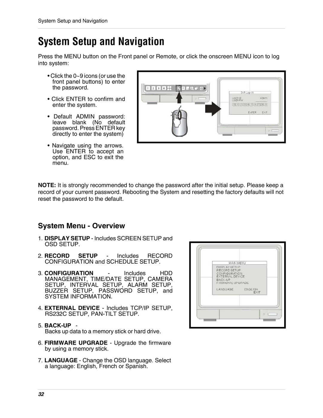 LOREX Technology L15D400 instruction manual System Setup and Navigation, System Menu Overview, Back-Up 