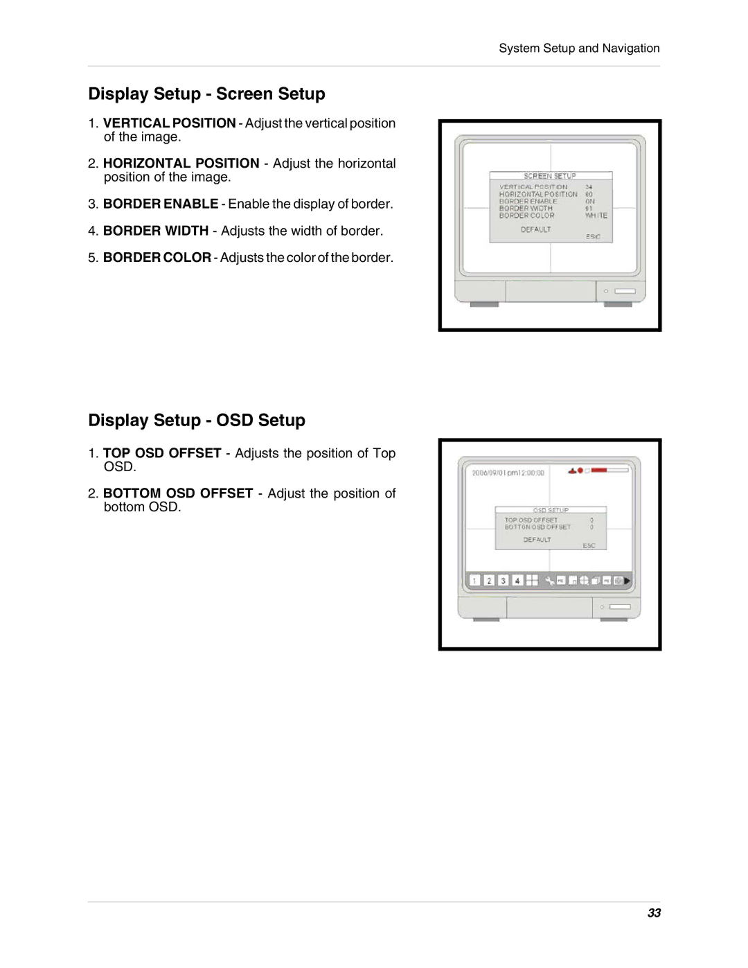 LOREX Technology L15D400 instruction manual Display Setup Screen Setup, Display Setup OSD Setup 