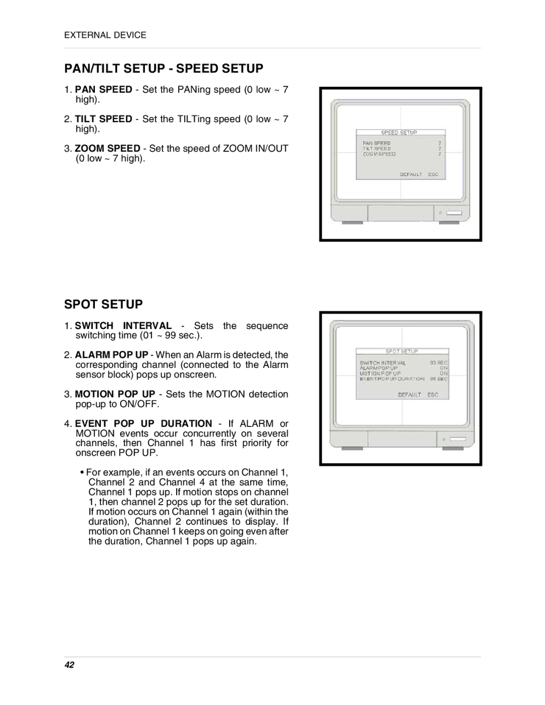 LOREX Technology L15D400 instruction manual PAN/TILT Setup Speed Setup, Spot Setup 