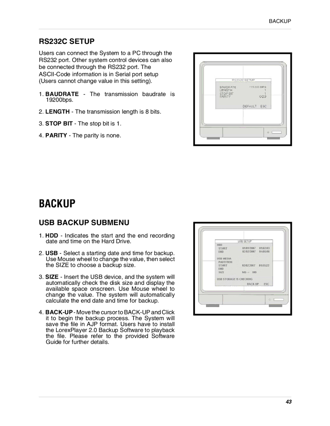 LOREX Technology L15D400 instruction manual RS232C Setup, USB Backup Submenu 