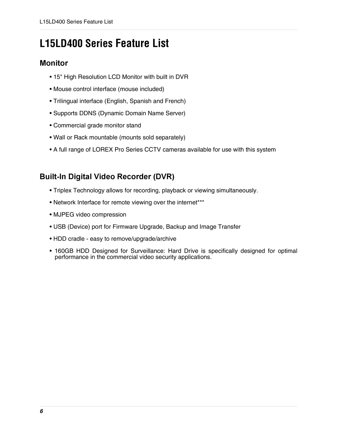 LOREX Technology L15D400 instruction manual L15LD400 Series Feature List 