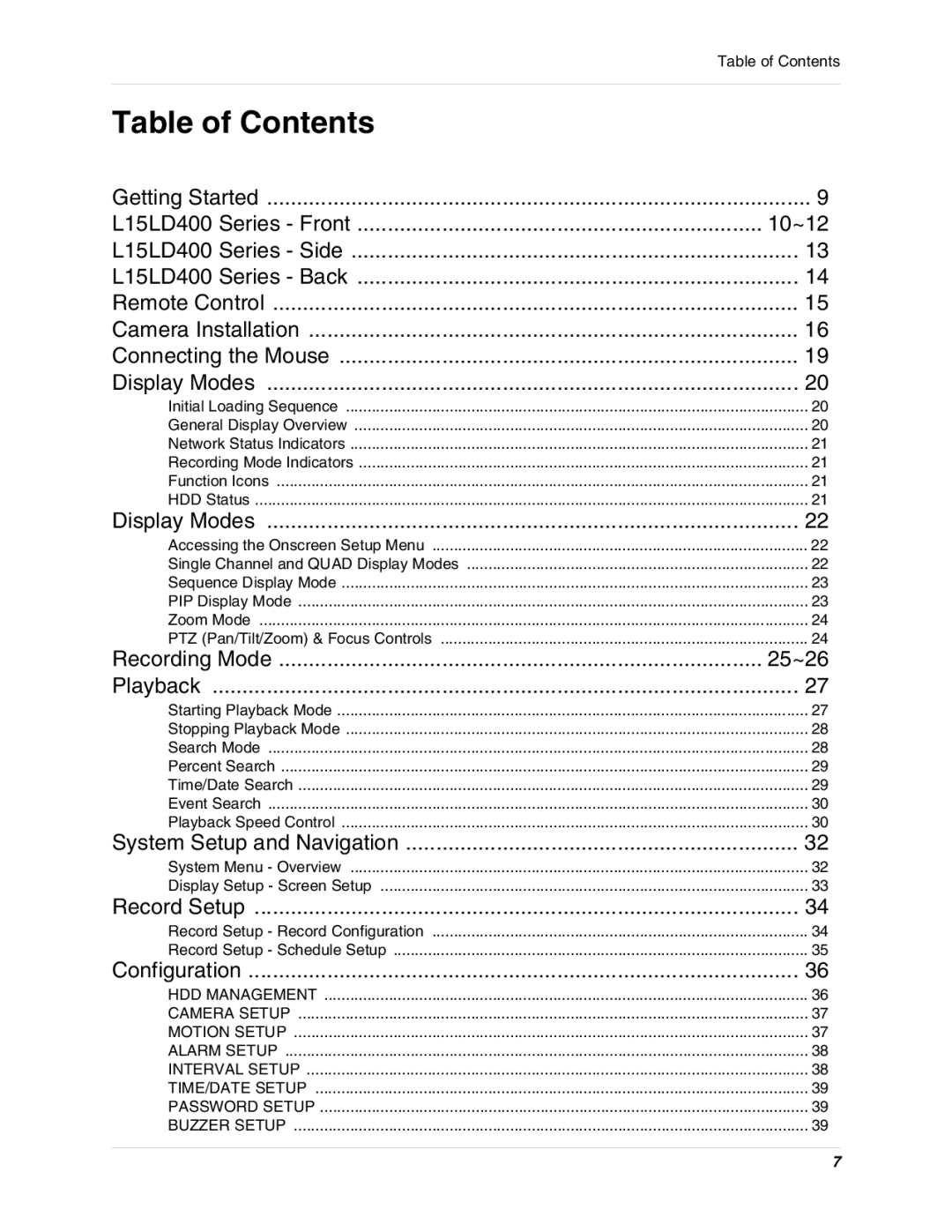 LOREX Technology L15D400 instruction manual Table of Contents 