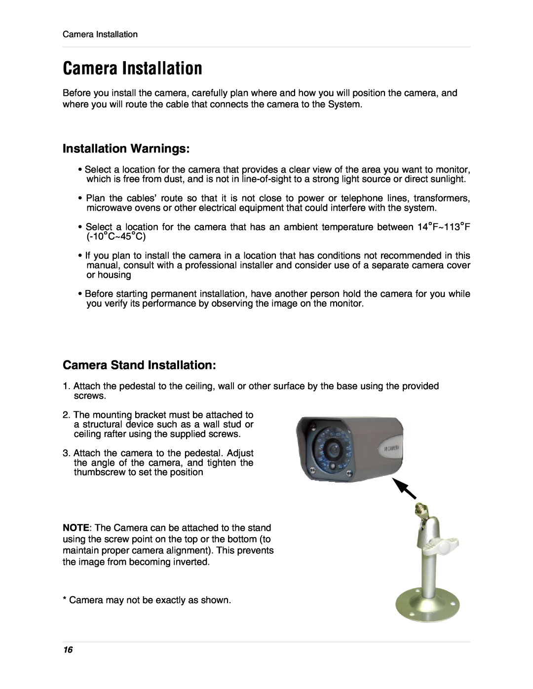LOREX Technology L15D400 instruction manual Camera Installation, Installation Warnings, Camera Stand Installation 