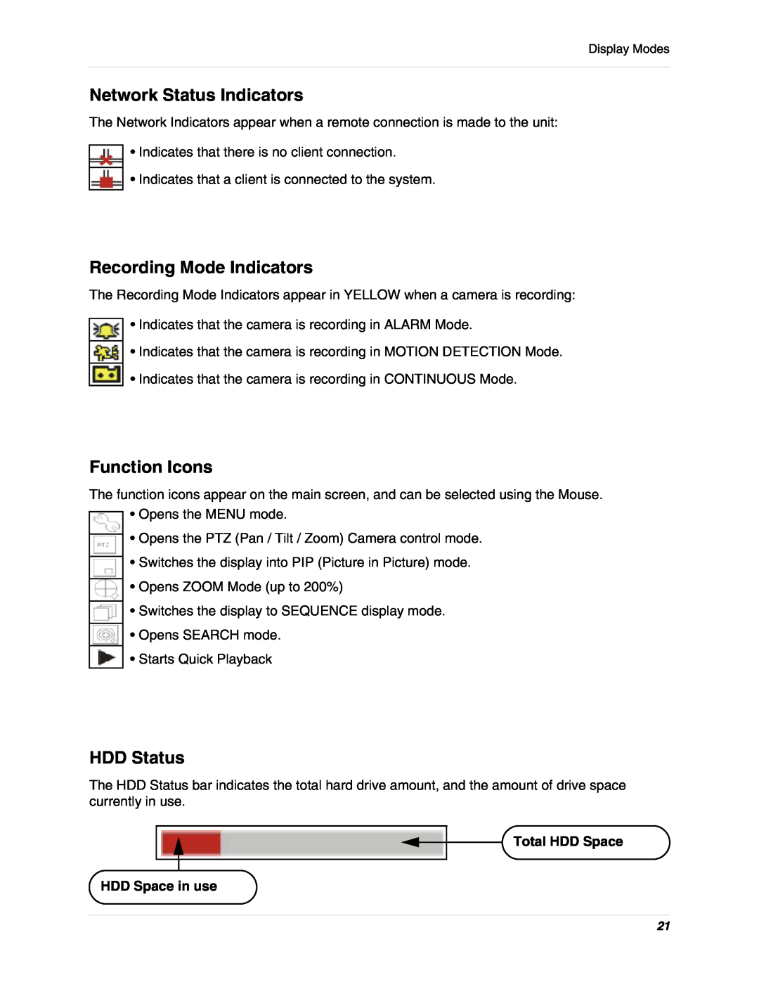 LOREX Technology L15D400 Network Status Indicators, Recording Mode Indicators, Function Icons, HDD Status 