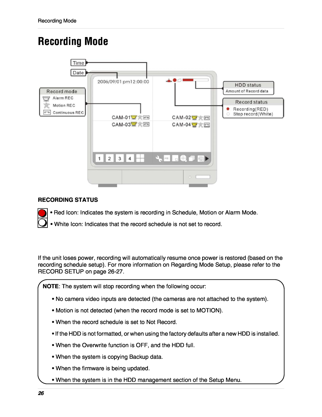 LOREX Technology L15D400 instruction manual Recording Mode, Recording Status 