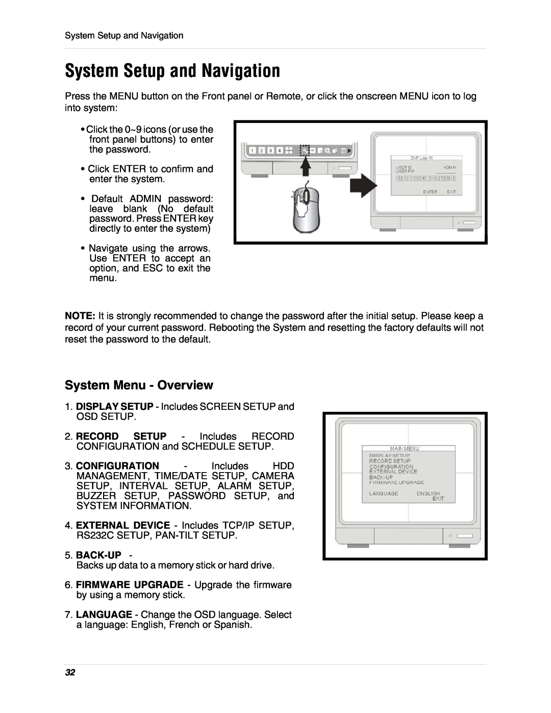 LOREX Technology L15D400 instruction manual System Setup and Navigation, System Menu - Overview, Back-Up 