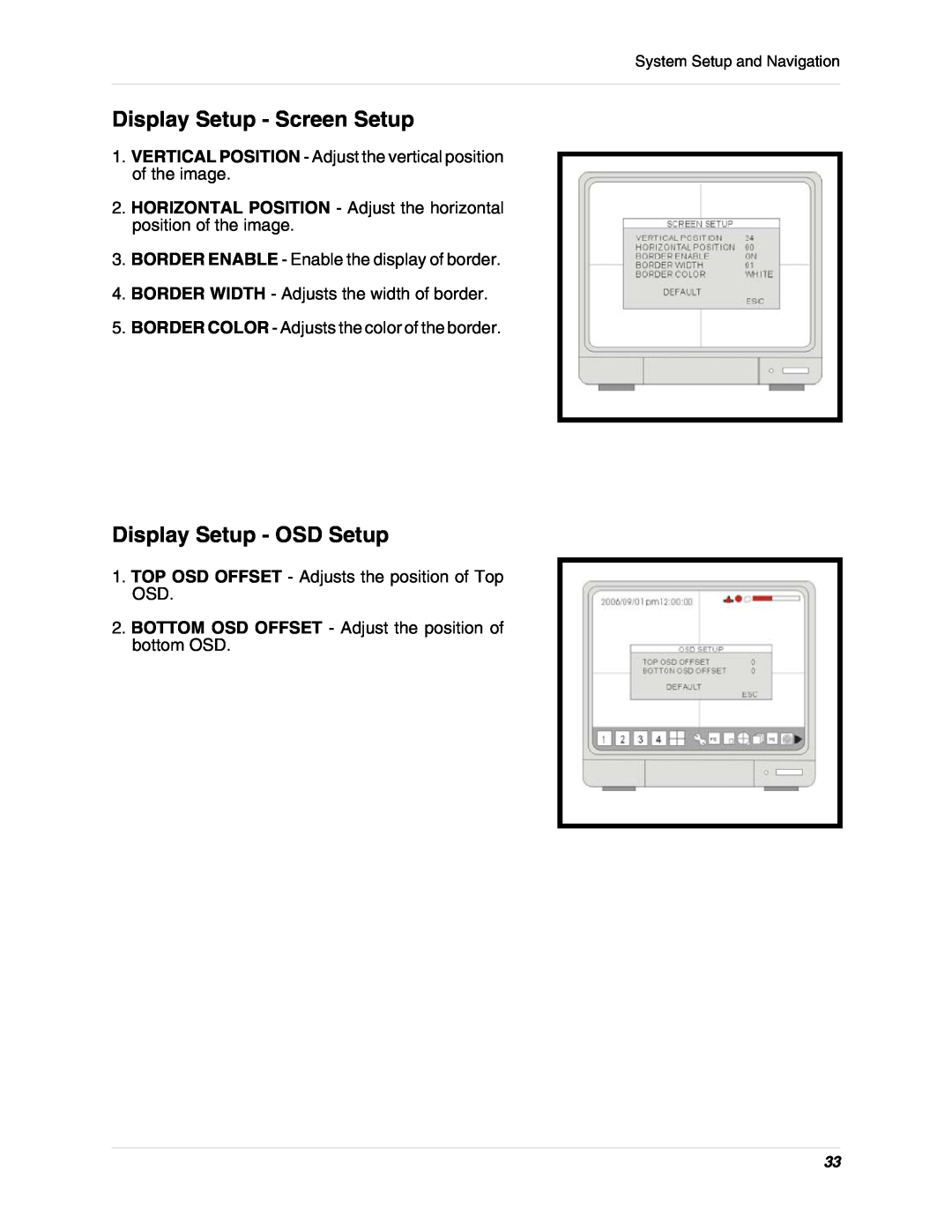 LOREX Technology L15D400 instruction manual Display Setup - Screen Setup, Display Setup - OSD Setup 