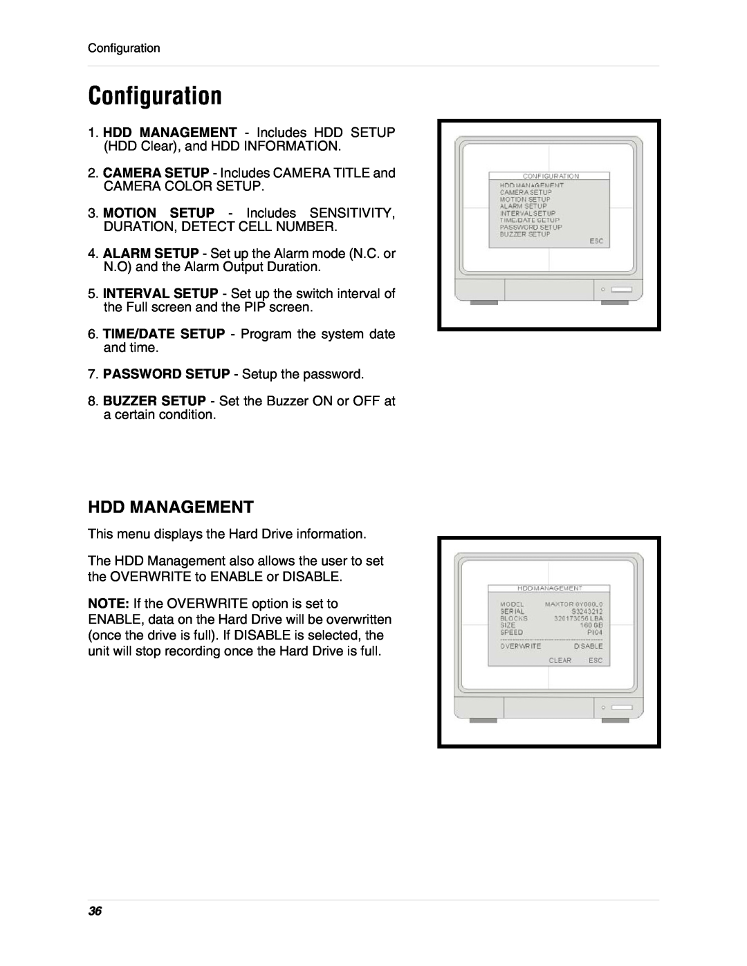 LOREX Technology L15D400 instruction manual Configuration, Hdd Management 