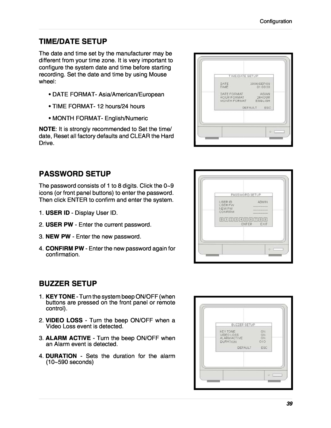 LOREX Technology L15D400 instruction manual Time/Date Setup, Password Setup, Buzzer Setup 