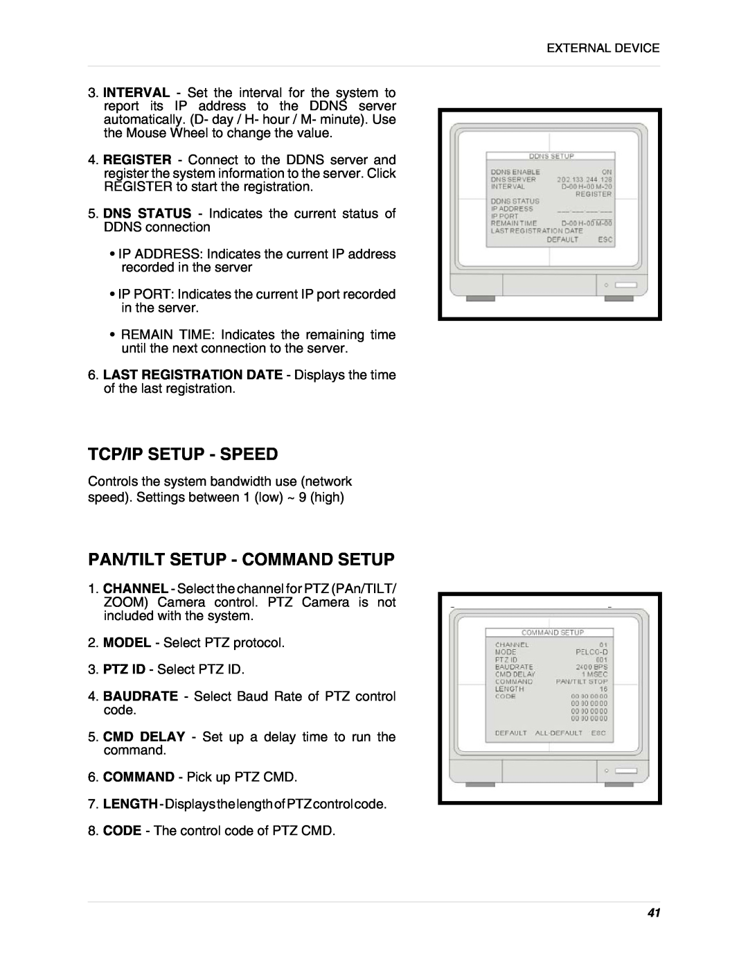 LOREX Technology L15D400 instruction manual Tcp/Ip Setup - Speed, Pan/Tilt Setup - Command Setup 