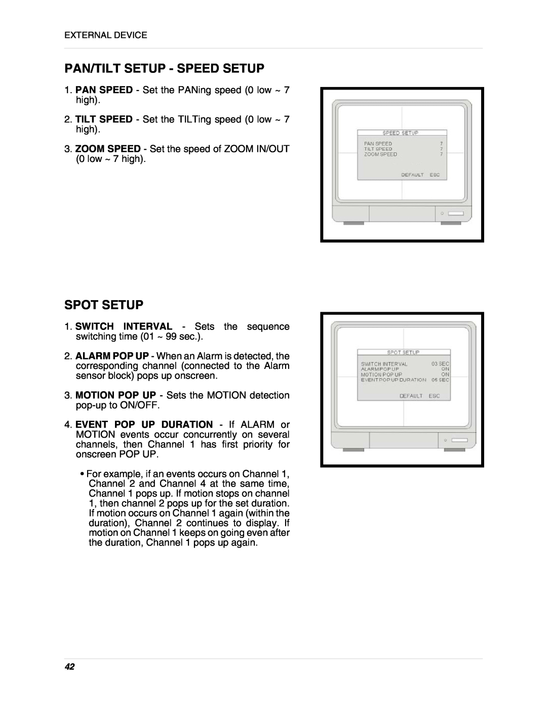LOREX Technology L15D400 instruction manual Pan/Tilt Setup - Speed Setup, Spot Setup 