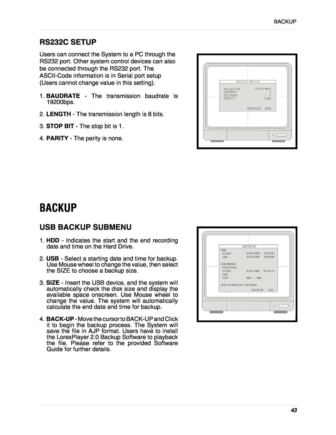 LOREX Technology L15D400 instruction manual RS232C SETUP, Usb Backup Submenu 