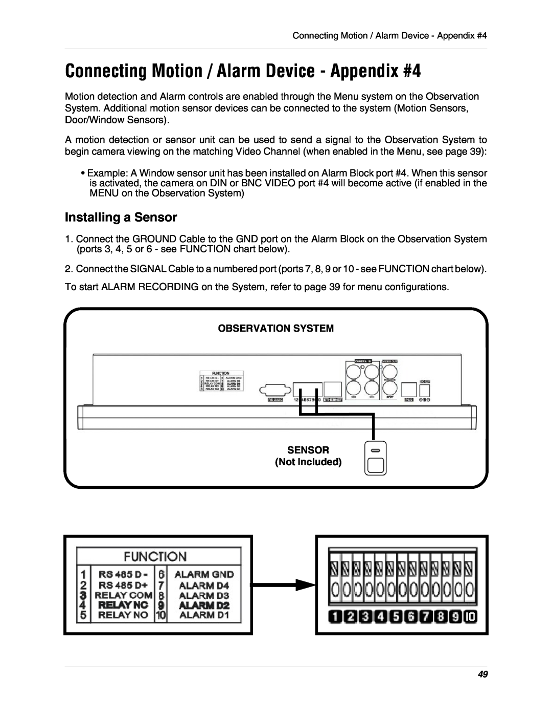 LOREX Technology L15D400 instruction manual Connecting Motion / Alarm Device - Appendix #4, Installing a Sensor 