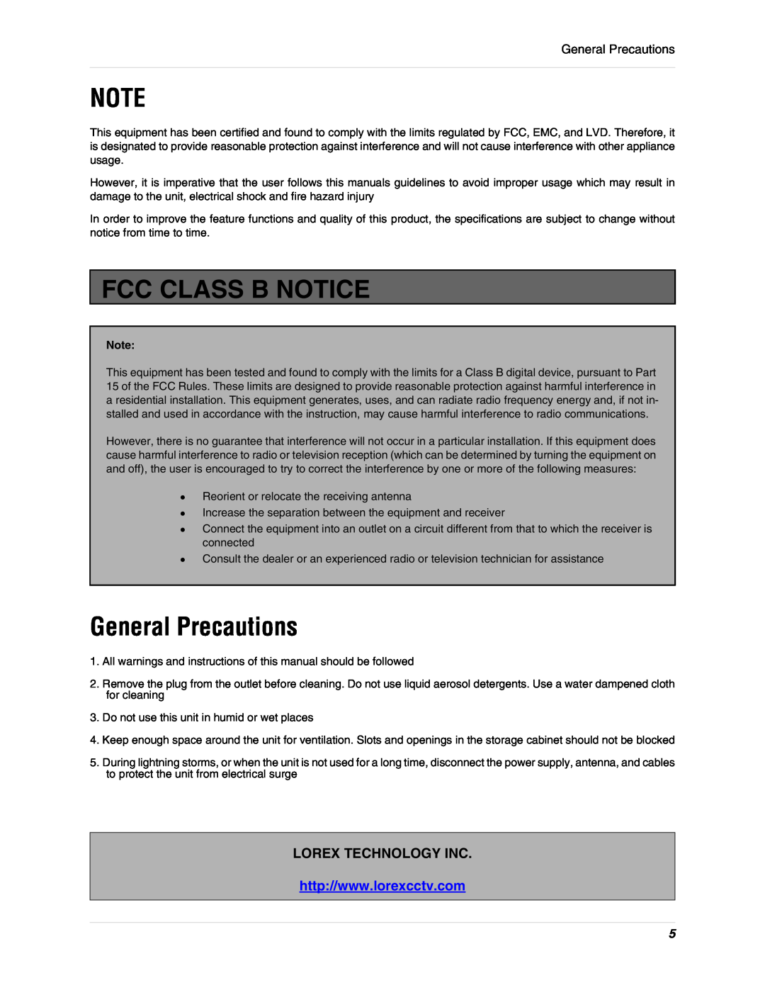 LOREX Technology L15D400 instruction manual Fcc Class B Notice, General Precautions, Lorex Technology Inc 