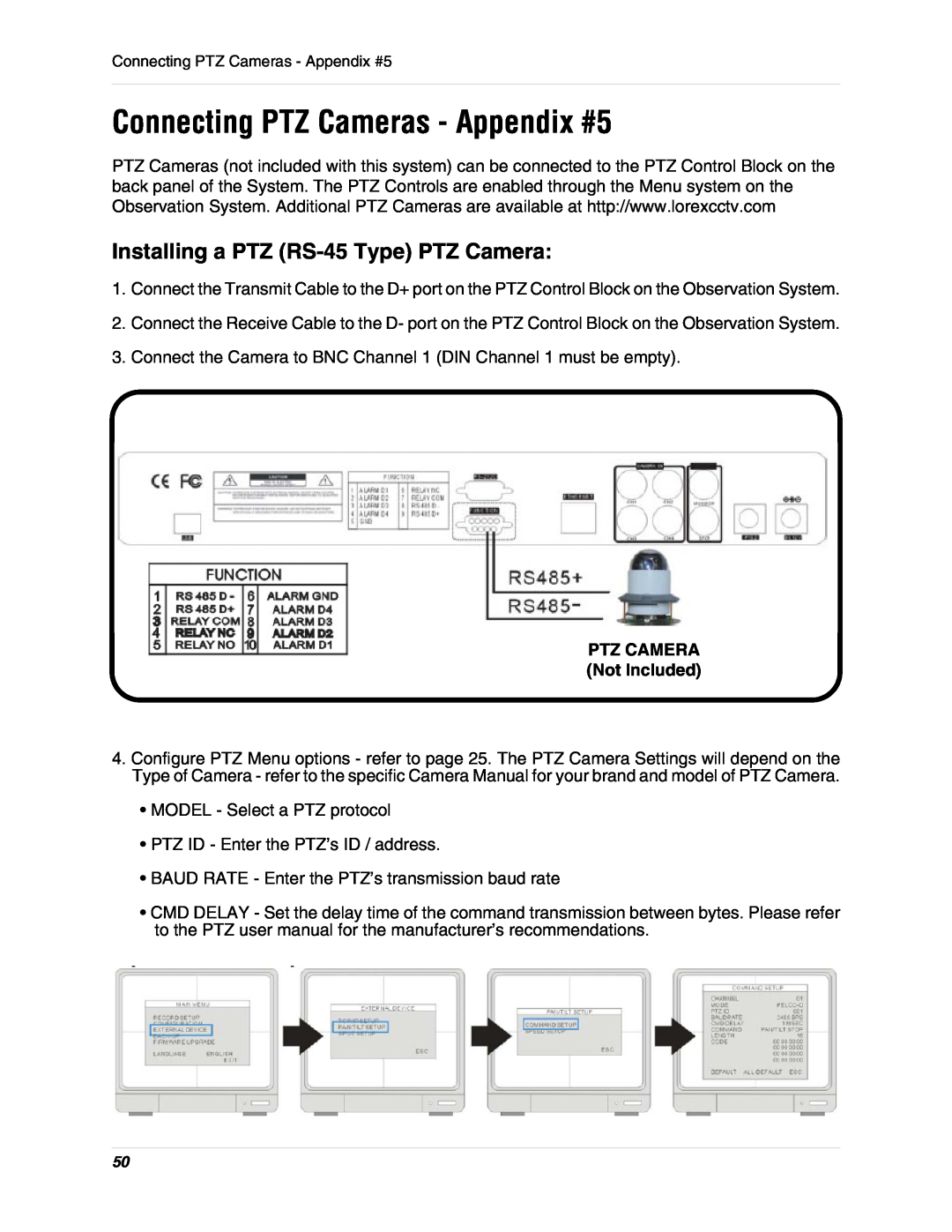 LOREX Technology L15D400 instruction manual Connecting PTZ Cameras - Appendix #5, Installing a PTZ RS-45Type PTZ Camera 