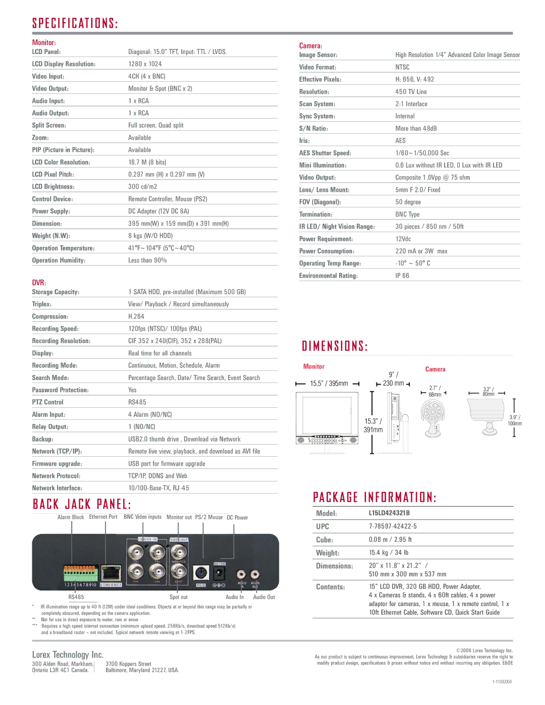 LOREX Technology L15D424321B manual E c i f i c at i o n s, C K J a C K PA N E L, Pa c k a g e i n f o r m at i o n 