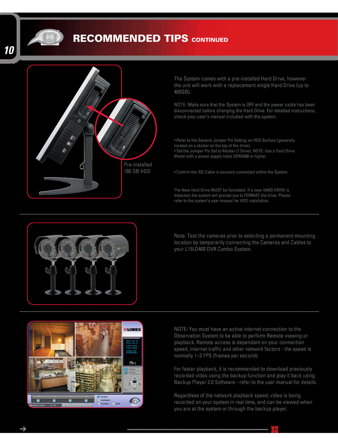 LOREX Technology L15LD400 Series specifications recommended tips CONTINUED, HDD Installation, Tip On Camera Mounting 