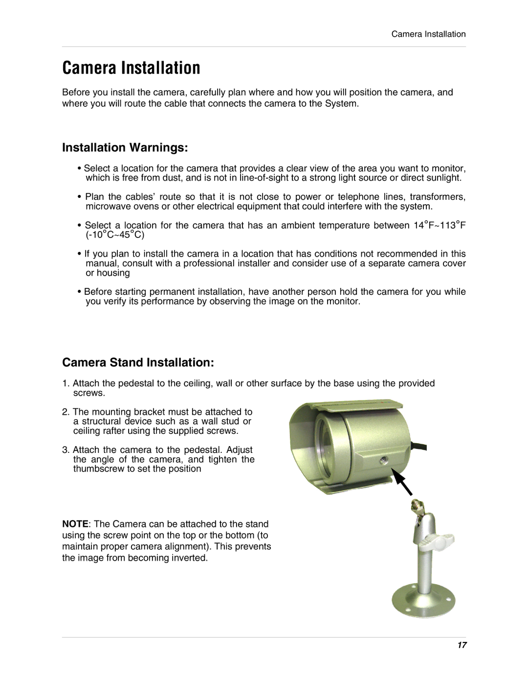 LOREX Technology L15LD400 instruction manual Camera Installation, Installation Warnings, Camera Stand Installation 