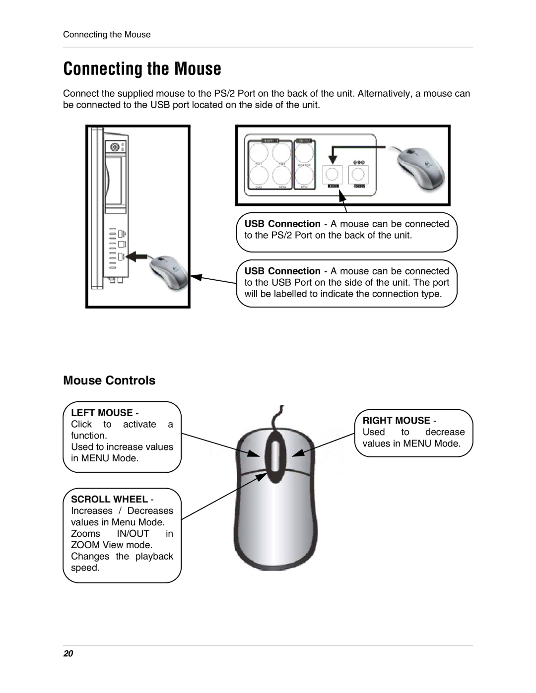 LOREX Technology L15LD400 instruction manual Connecting the Mouse, Mouse Controls, Left Mouse, Right Mouse 