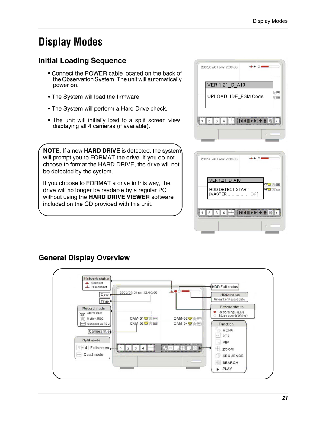 LOREX Technology L15LD400 instruction manual Display Modes, Initial Loading Sequence, General Display Overview 