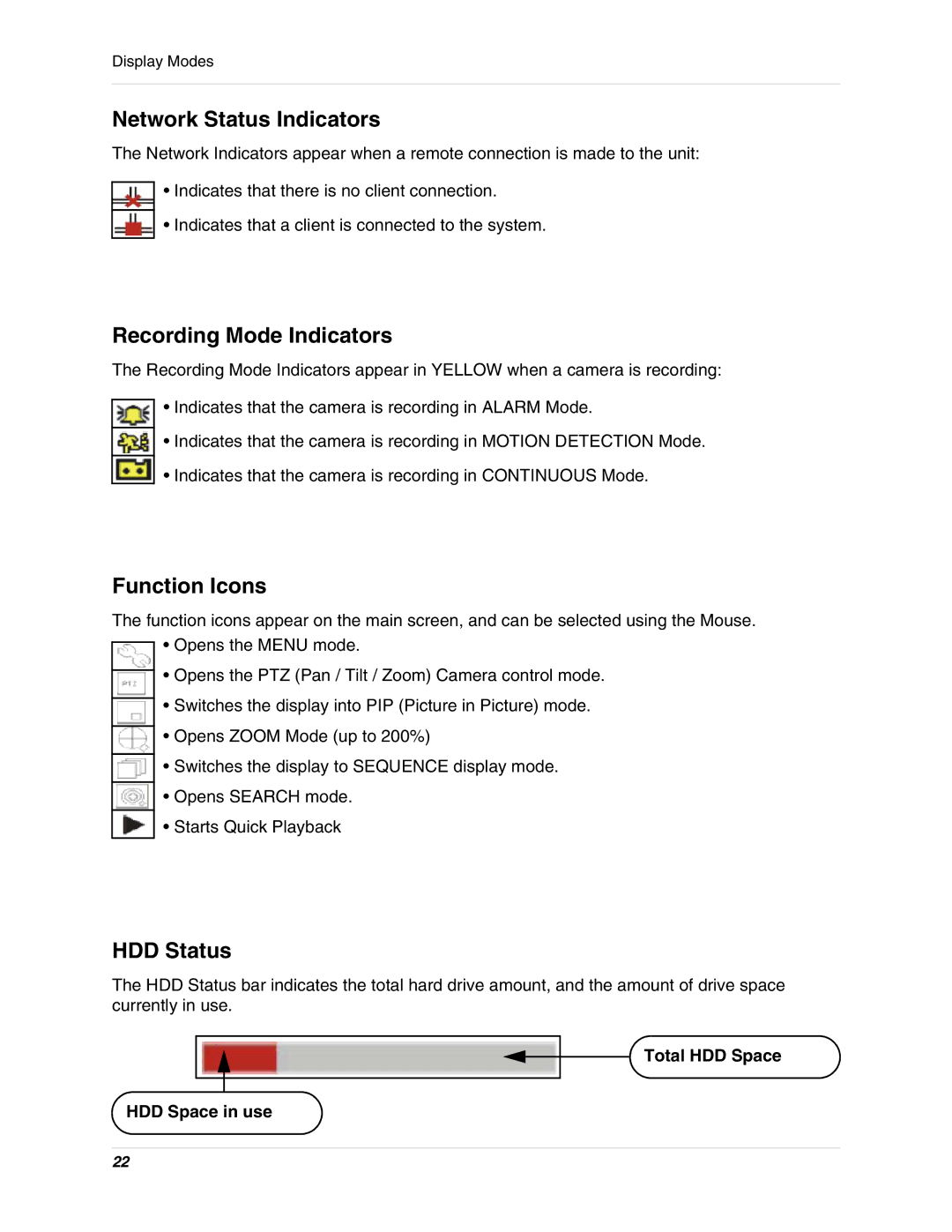 LOREX Technology L15LD400 Network Status Indicators, Recording Mode Indicators, Function Icons, HDD Status 