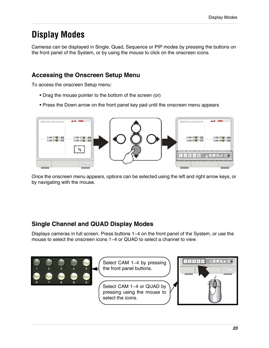 LOREX Technology L15LD400 instruction manual Accessing the Onscreen Setup Menu, Single Channel and Quad Display Modes 