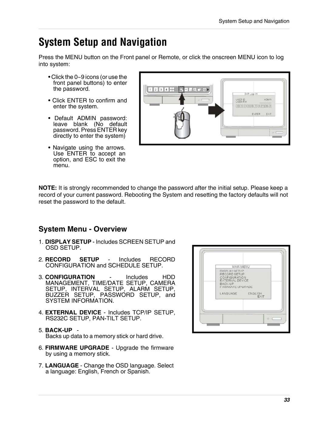 LOREX Technology L15LD400 instruction manual System Setup and Navigation, System Menu Overview, Back-Up 