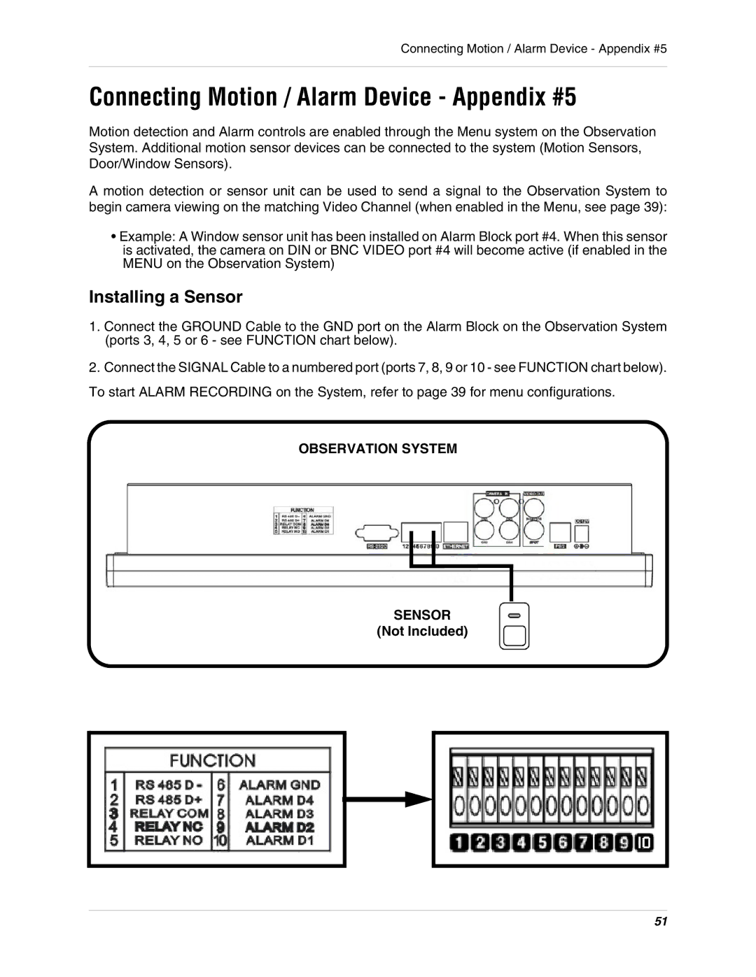 LOREX Technology L15LD400 Connecting Motion / Alarm Device Appendix #5, Installing a Sensor, Observation System Sensor 