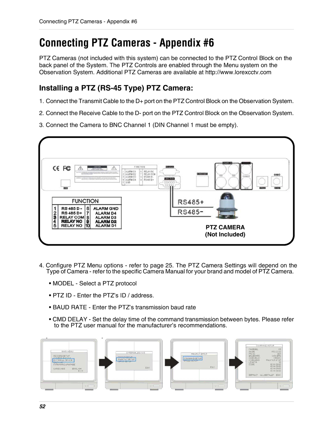 LOREX Technology L15LD400 instruction manual Connecting PTZ Cameras Appendix #6, Installing a PTZ RS-45 Type PTZ Camera 