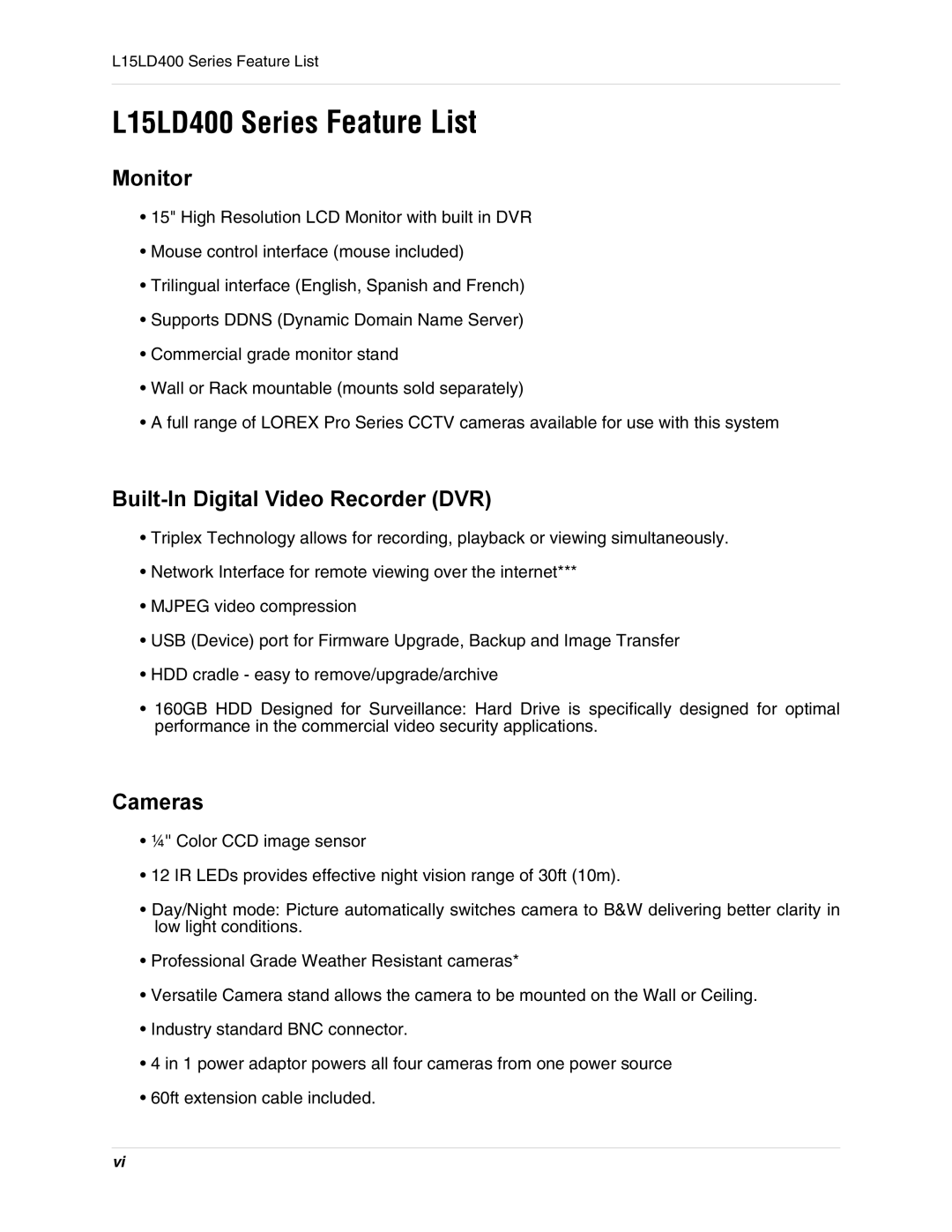 LOREX Technology instruction manual L15LD400 Series Feature List 