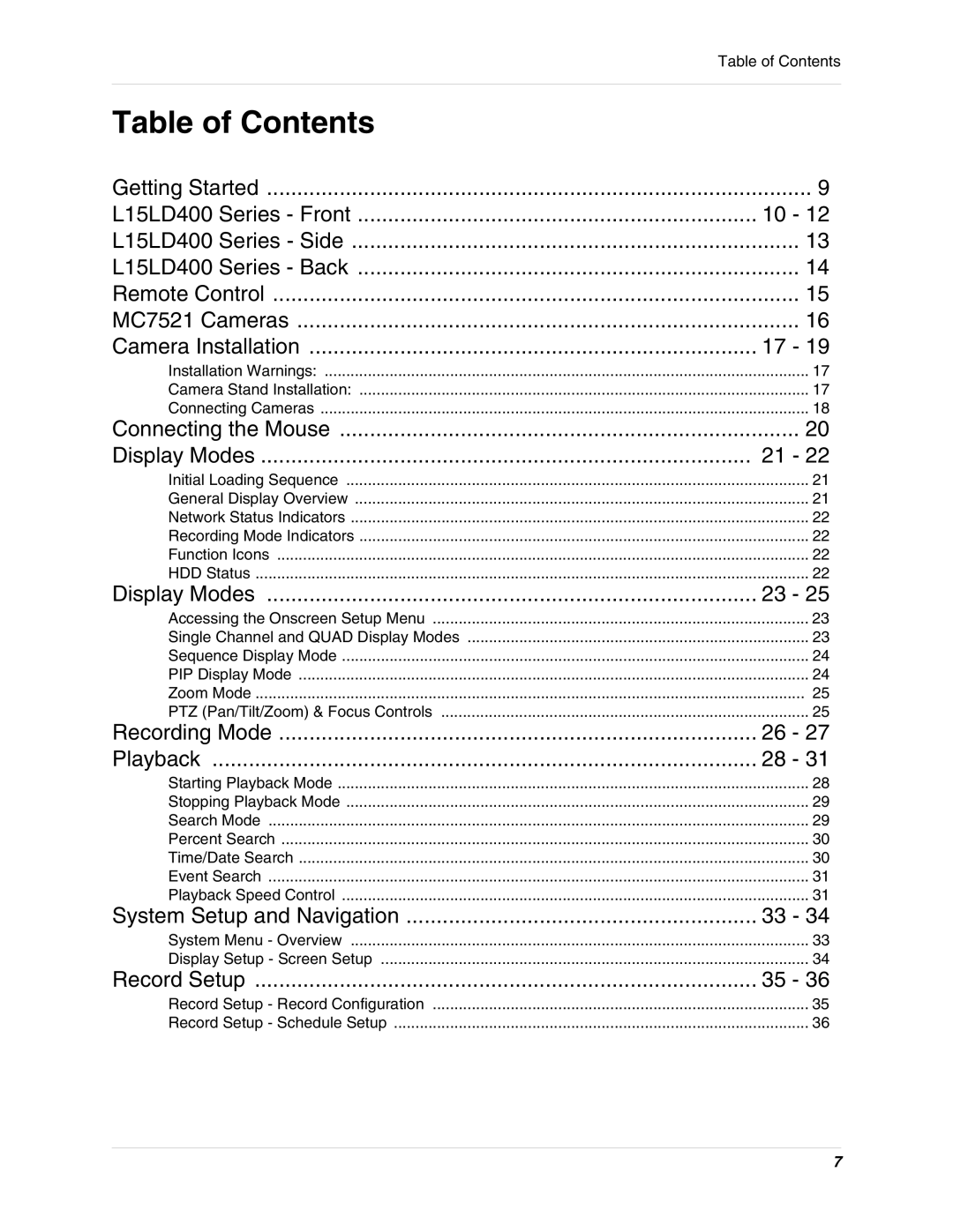 LOREX Technology L15LD400 instruction manual Table of Contents 