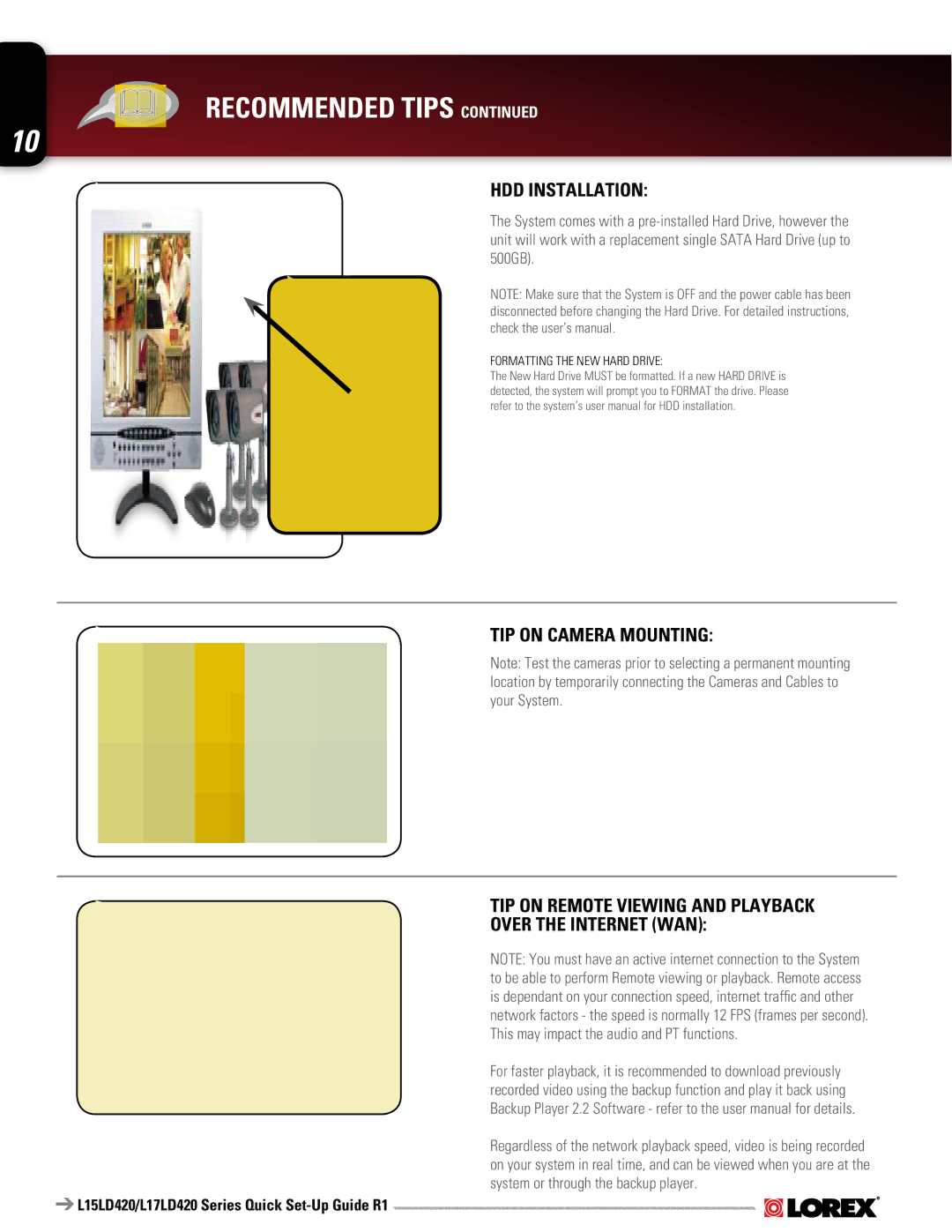 LOREX Technology L15LD420, LD17LD420 specifications HDD Installation, TIP on Camera Mounting 