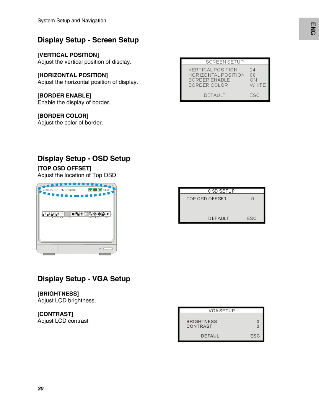 LOREX Technology L15LD420 Series Display Setup Screen Setup, Display Setup OSD Setup, Display Setup VGA Setup 