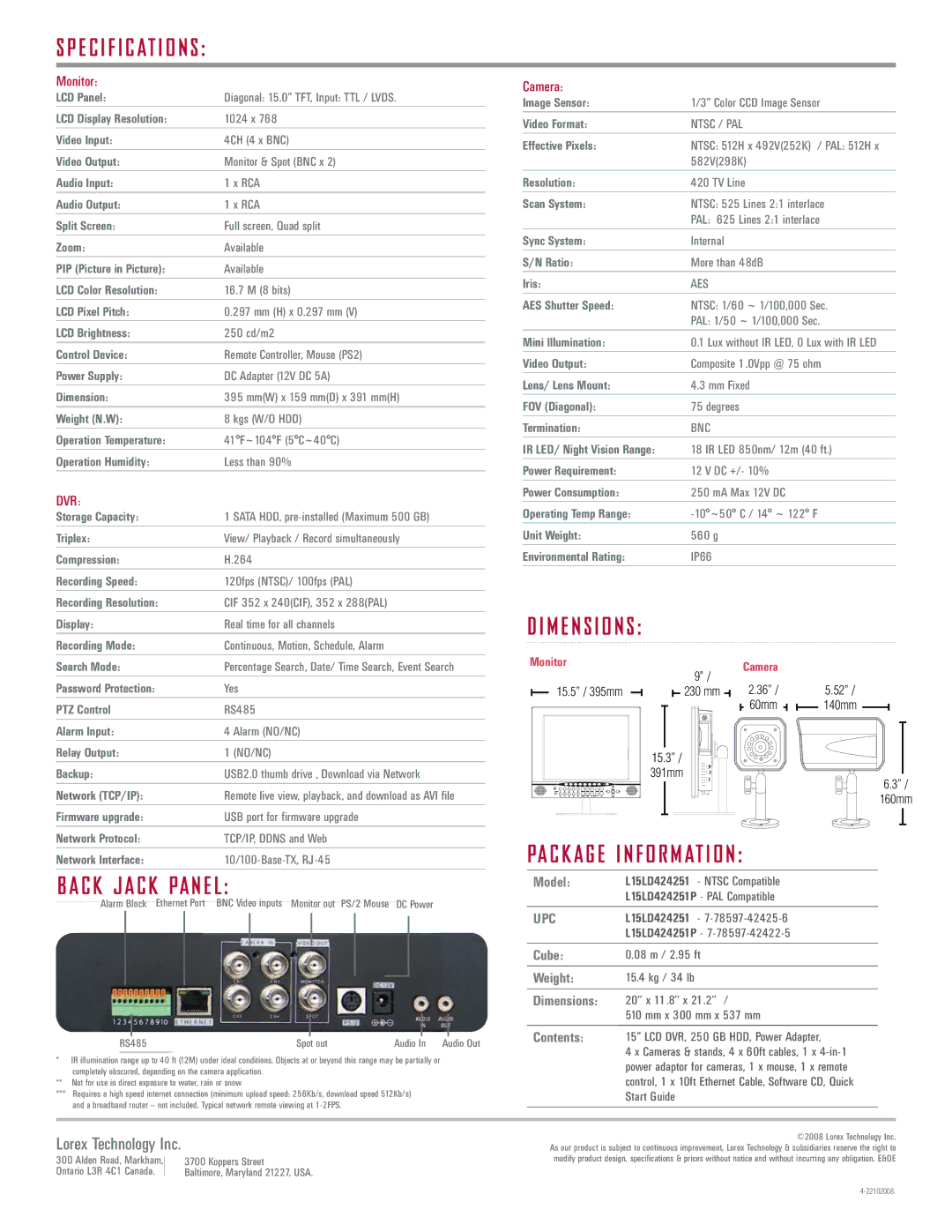 LOREX Technology L15LD424251P manual E c i f i c at i o n s, C K J a C K PA N E L, Pa c k a g e i n f o r m at i o n 