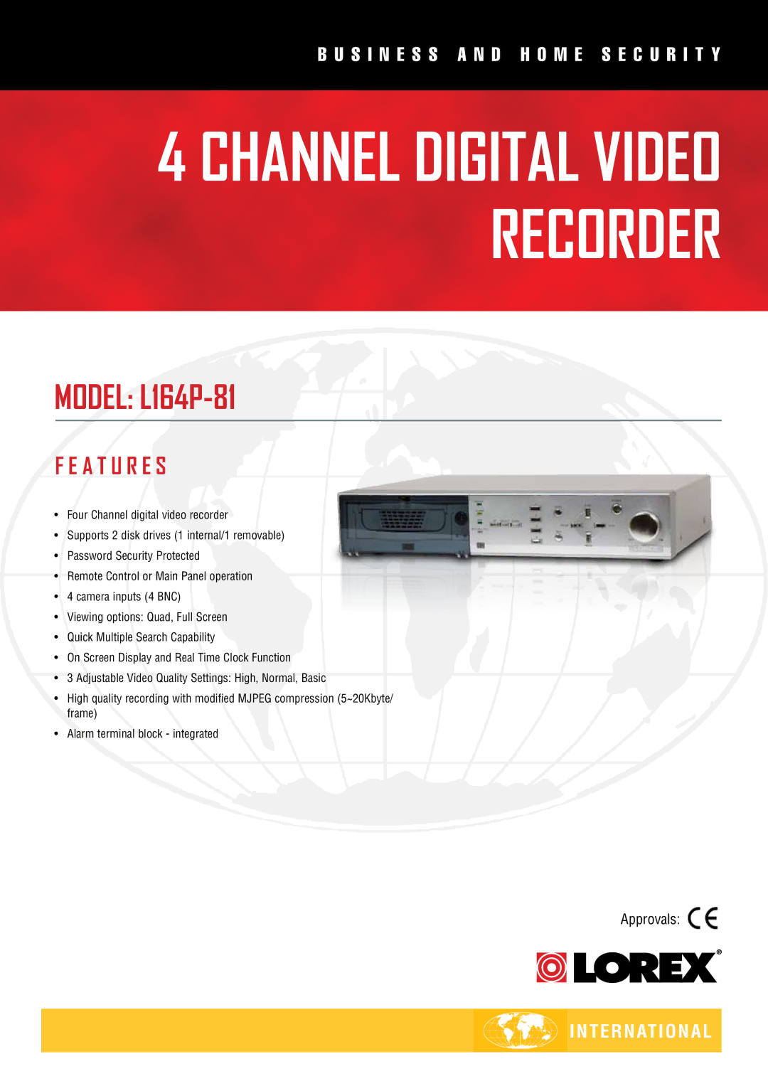 LOREX Technology manual Channel Digital Video Recorder, Model L164P-81, A T U R E S 