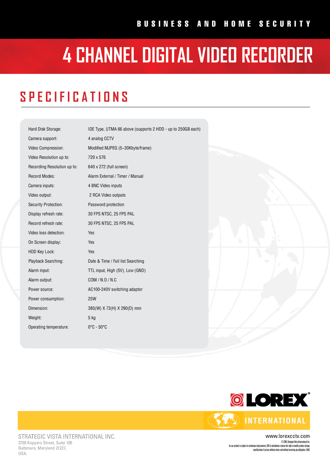 LOREX Technology L164P-81 manual Channel Digital Video Recorder, Specification S, Strategic Vista International Inc, Usa 