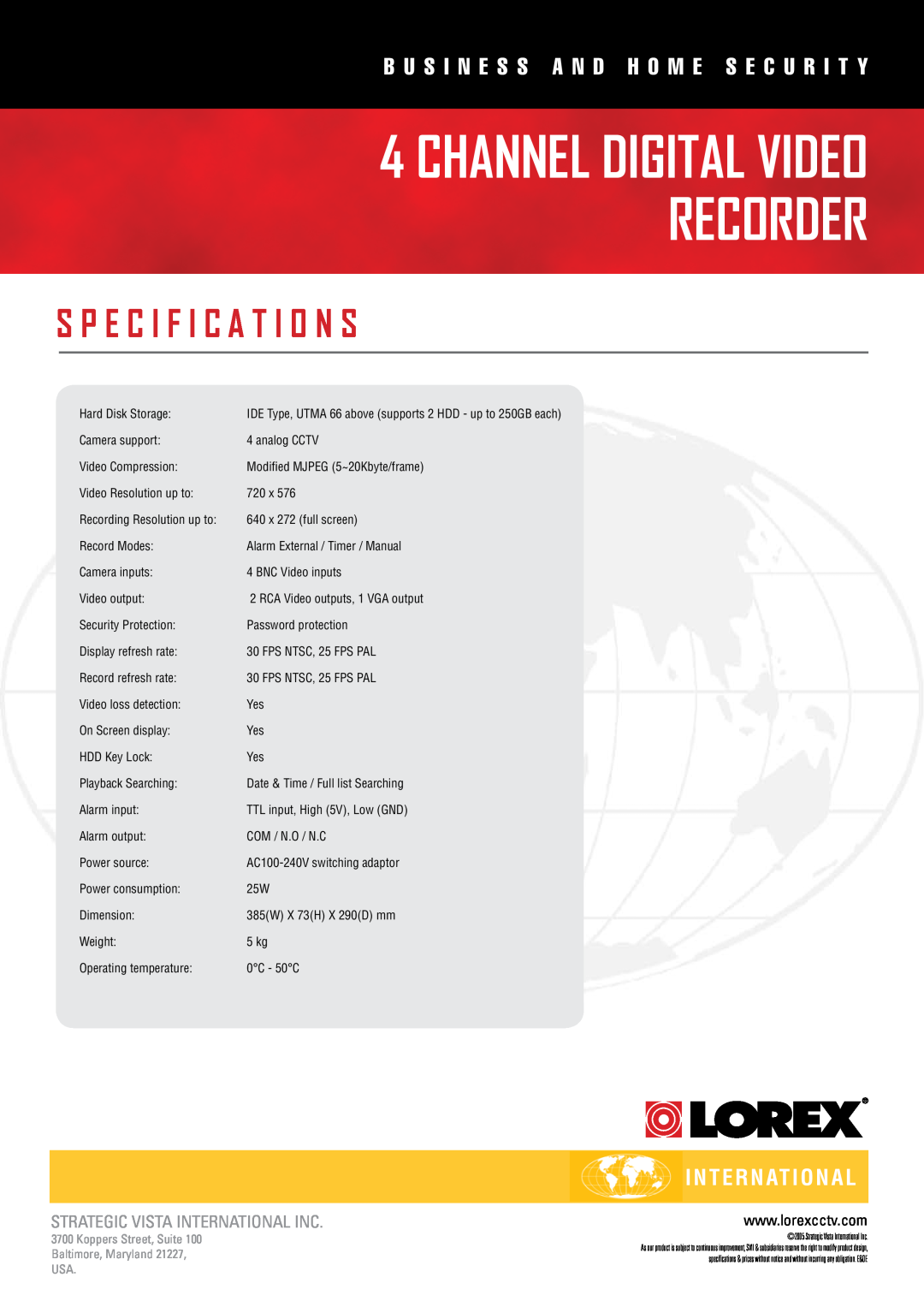 LOREX Technology L174P-81 manual International International, Channel Digital Video Recorder, S P E C I F I C A T I O N S 