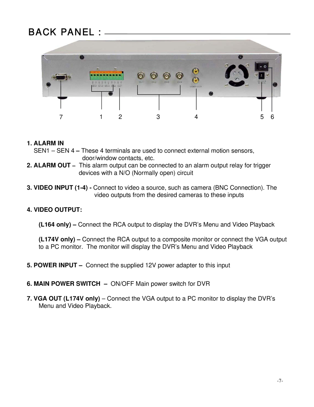 LOREX Technology L164, L174V instruction manual Back Panel, Alarm, Video Output 