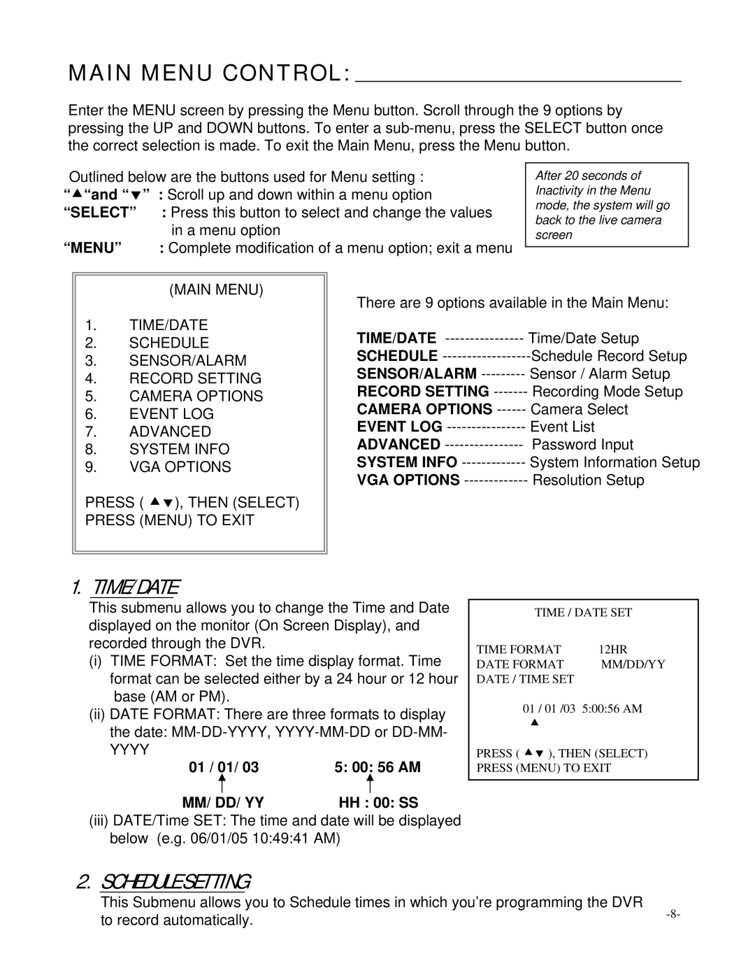 LOREX Technology L174V, L164 instruction manual Main Menu Control, Time/Date, Schedule Setting 