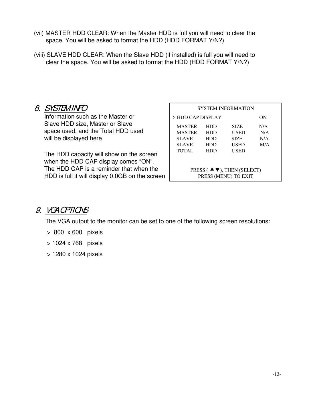 LOREX Technology L164, L174V instruction manual System Info, VGA Options 