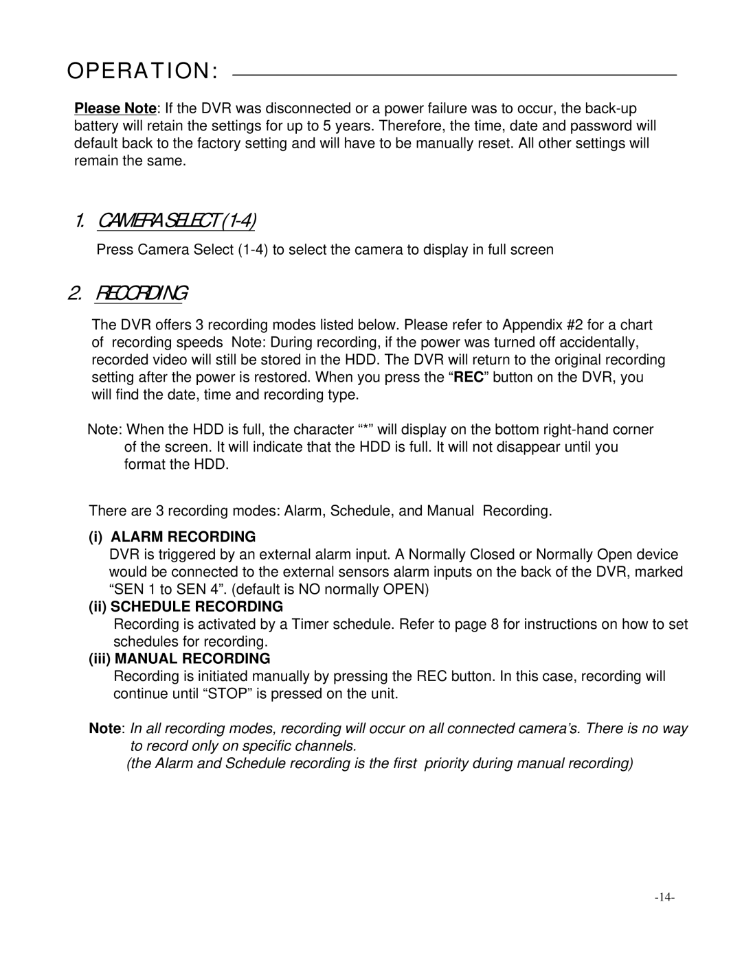 LOREX Technology L174V, L164 instruction manual Operation, Camera Select, Recording 