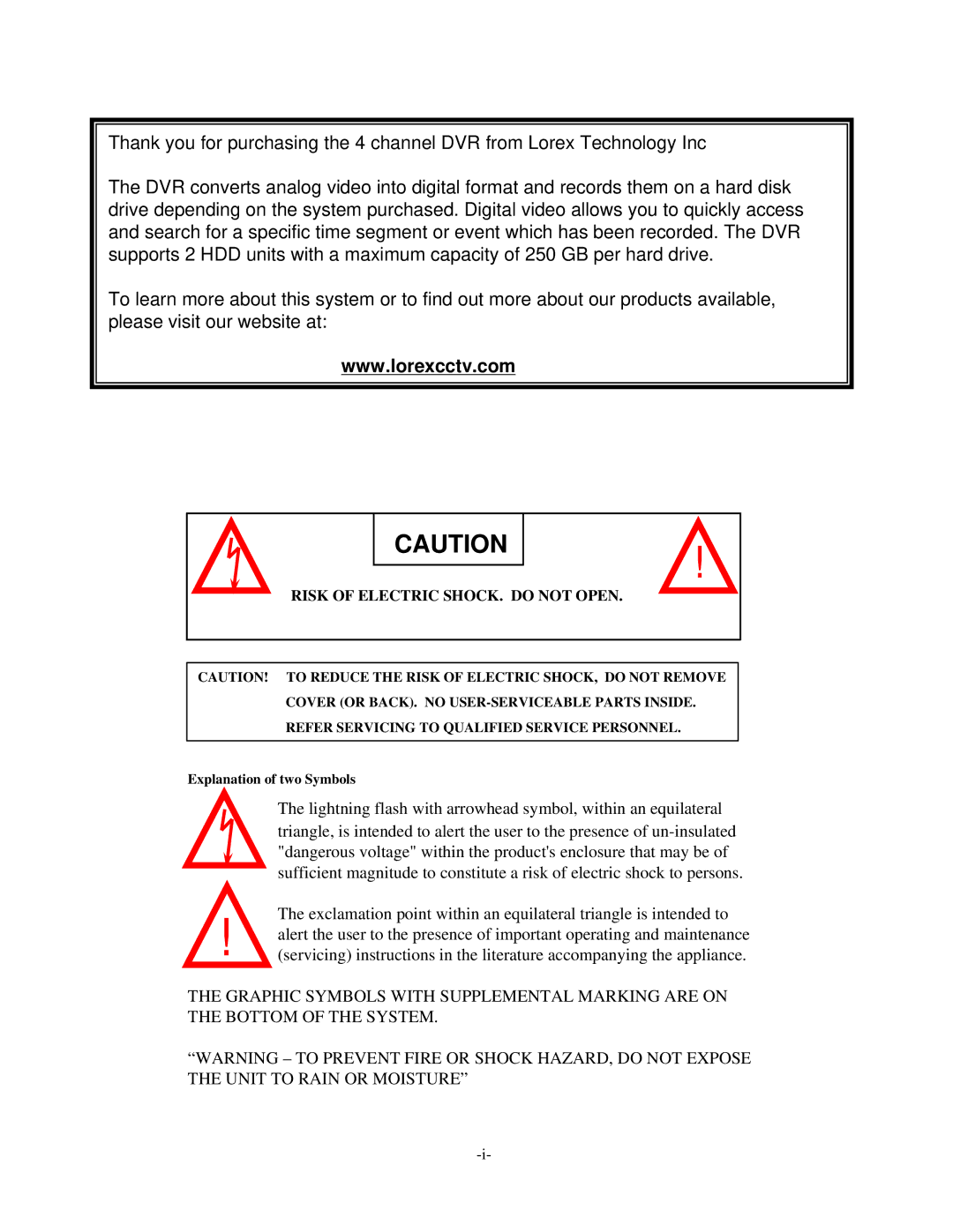 LOREX Technology L174V, L164 instruction manual Risk of Electric SHOCK. do not Open 